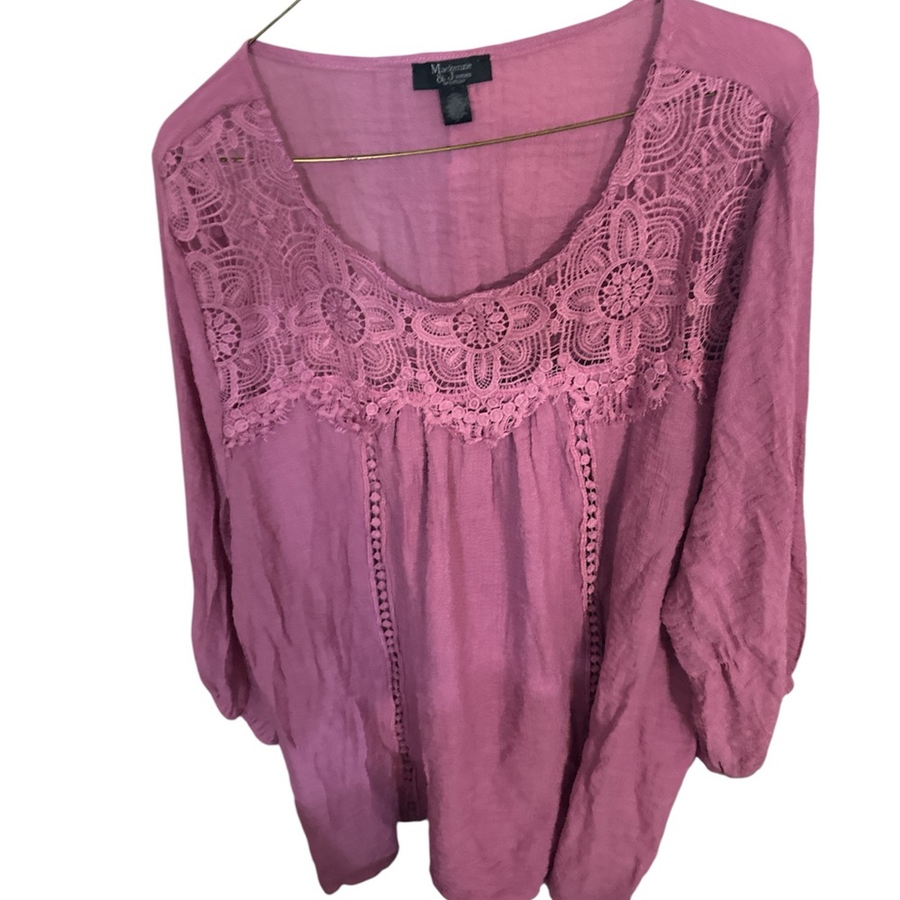 Mackenzie & James Pink Lace Detail Blouse elastic sleeves lined 2x very nice